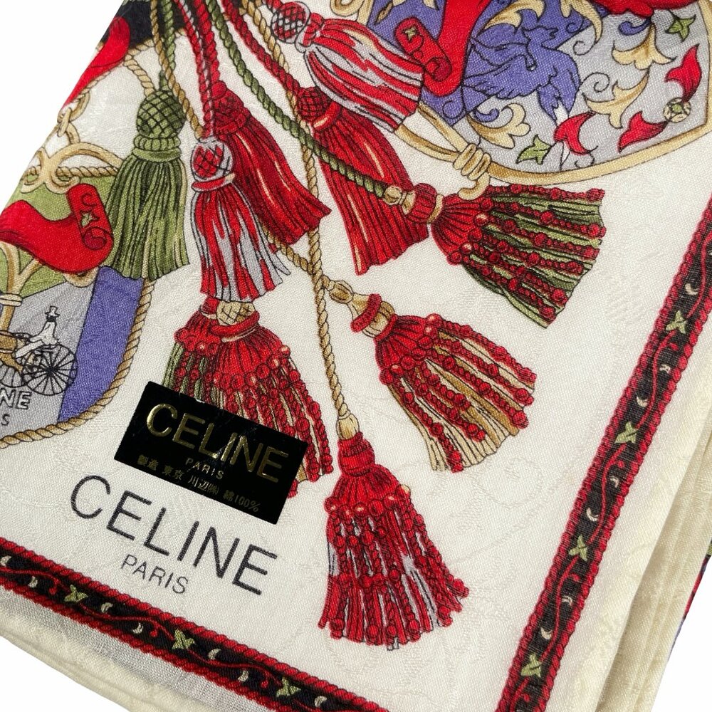 CELINE Paris Vintage Cotton Scarf Heraldic Crest Tassel Equestrian 20” Square - Picture 3 of 14